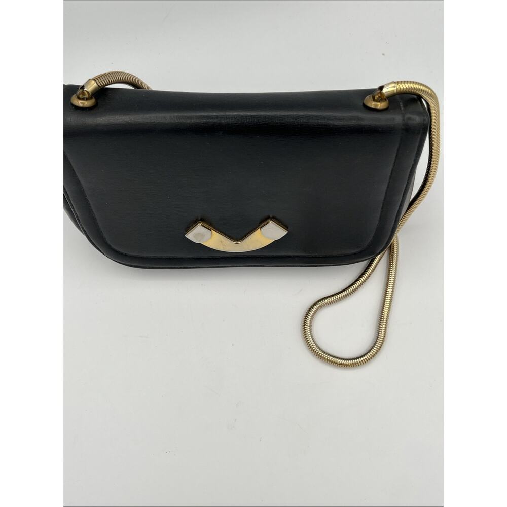 VINTAGE Over Shoulder Purse Clutch Bag  Black Art Deco Leather Gold Silver